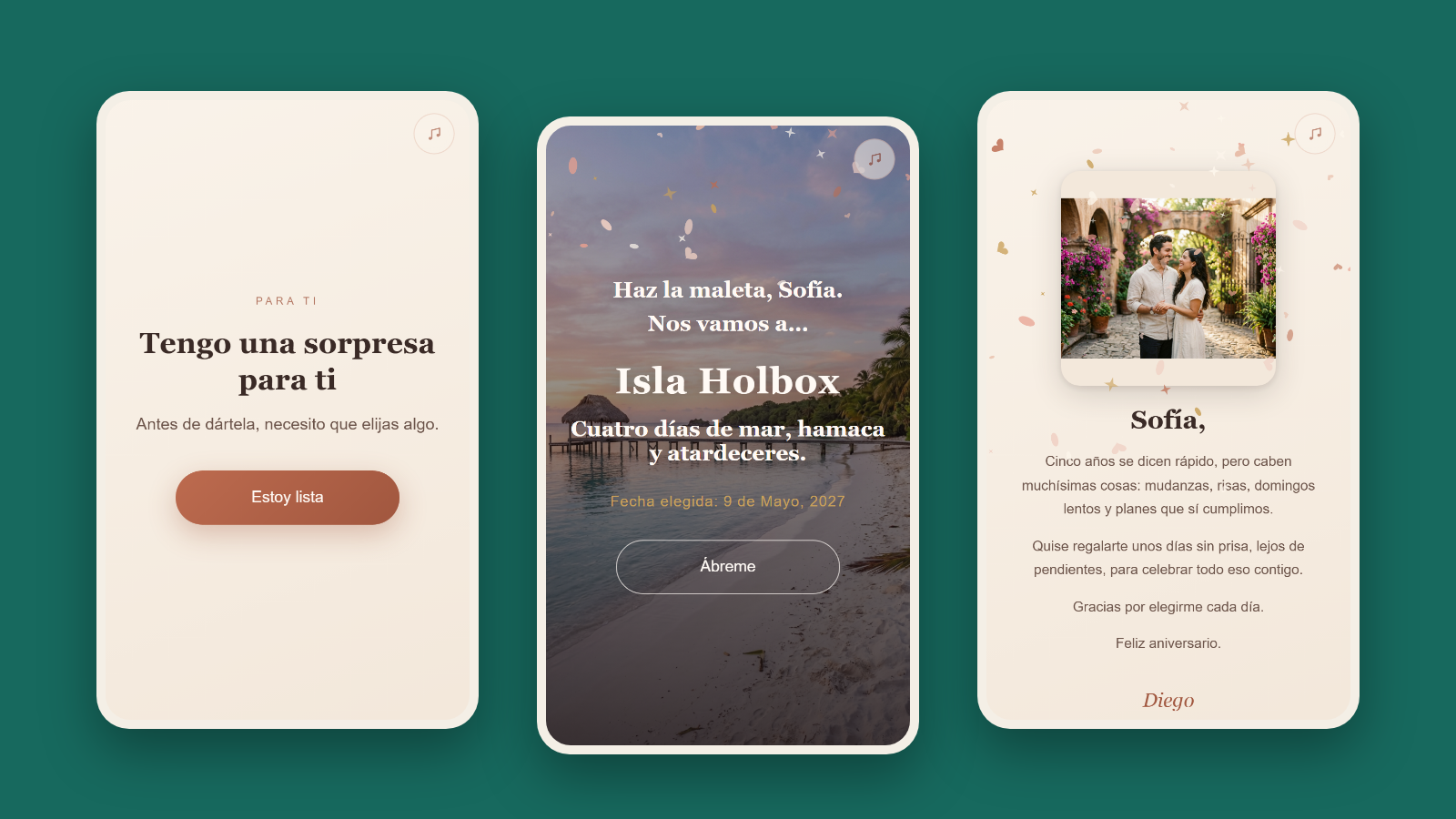 Tres pantallas del regalo en un teléfono: la bienvenida, la revelación del viaje a Isla Holbox y el mensaje final con una foto de ejemplo.